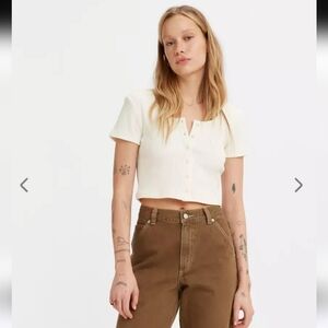 Levi's Cream Ribbed Button-Down Short Sleeve Rach Top Sz S